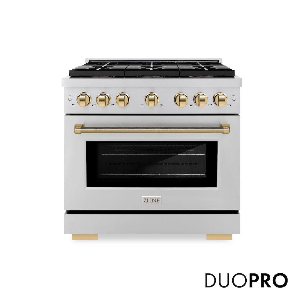 ZLINE Autograph Edition 36 in. 5.2 cu. ft. Paramount Dual Fuel Range with 6 Burner DuoPro™ Cooktop and Electric Convection Oven in Stainless Steel with Polished Gold Helix Handle and Accents (PSDRZ-36-KG) front, with DuoPro™ logo.