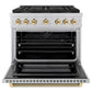 ZLINE Autograph Edition 36 in. 5.2 cu. ft. Paramount Dual Fuel Range with 6 Burner DuoPro™ Cooktop and Electric Convection Oven in Stainless Steel with Polished Gold Helix Handle and Accents (PSDRZ-36-KG) front, oven open.