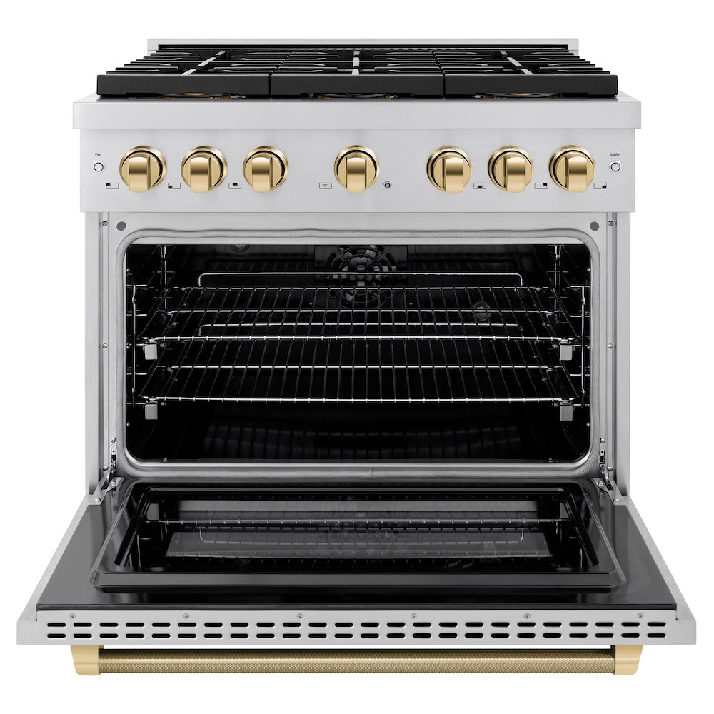 ZLINE Autograph Edition 36 in. 5.2 cu. ft. Paramount Dual Fuel Range with 6 Burner DuoPro™ Cooktop and Electric Convection Oven in Stainless Steel with Polished Gold Helix Handle and Accents (PSDRZ-36-KG) front, oven open.