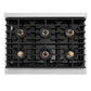 ZLINE Autograph Edition 36 in. 5.2 cu. ft. Paramount Dual Fuel Range with 6 Burner DuoPro™ Cooktop and Electric Convection Oven in Stainless Steel with Polished Gold Helix Handle and Accents (PSDRZ-36-KG) top-down, above cooktop.