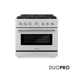 ZLINE Autograph Edition 36 in. 5.2 cu. ft. Paramount Dual Fuel Range with 6 Burner DuoPro™ Cooktop and Electric Convection Oven in Stainless Steel with Polished Nickel Helix Handle and Accents (PSDRZ-36-KPN) front, with DuoPro™ logo.