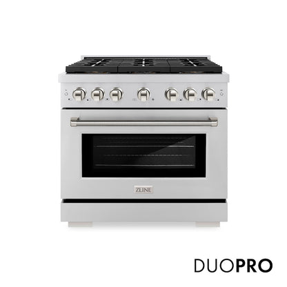 ZLINE Autograph Edition 36 in. 5.2 cu. ft. Paramount Dual Fuel Range with 6 Burner DuoPro™ Cooktop and Electric Convection Oven in Stainless Steel with Polished Nickel Helix Handle and Accents (PSDRZ-36-KPN) front, with DuoPro™ logo.