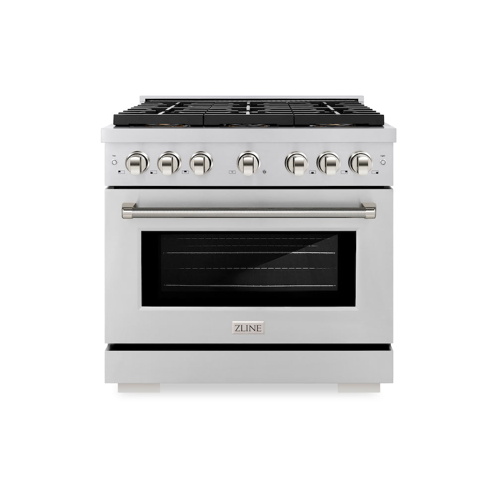 ZLINE Autograph Edition 36 in. 5.2 cu. ft. Paramount Dual Fuel Range with 6 Burner DuoPro™ Cooktop and Electric Convection Oven in Stainless Steel with Polished Nickel Helix Handle and Accents (PSDRZ-36-KPN) front.