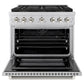 ZLINE Autograph Edition 36 in. 5.2 cu. ft. Paramount Dual Fuel Range with 6 Burner DuoPro™ Cooktop and Electric Convection Oven in Stainless Steel with Polished Nickel Helix Handle and Accents (PSDRZ-36-KPN) front, oven open.