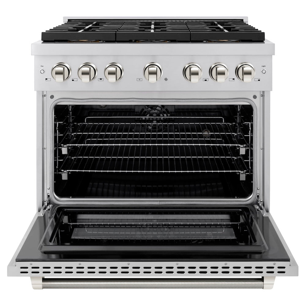 ZLINE Autograph Edition 36 in. 5.2 cu. ft. Paramount Dual Fuel Range with 6 Burner DuoPro™ Cooktop and Electric Convection Oven in Stainless Steel with Polished Nickel Helix Handle and Accents (PSDRZ-36-KPN) front, oven open.