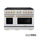 ZLINE Autograph Edition 48 in. 6.7 cu. ft. Paramount Dual Fuel Range with 8 Burner DuoPro™ Cooktop and Dual Ovens in Stainless Steel with Champagne Bronze Helix Handles and Accents (PSDRZ-48-KCB) front, with DuoPro™ logo.