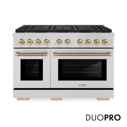 ZLINE Autograph Edition 48 in. 6.7 cu. ft. Paramount Dual Fuel Range with 8 Burner DuoPro™ Cooktop and Dual Ovens in Stainless Steel with Champagne Bronze Helix Handles and Accents (PSDRZ-48-KCB) front, with DuoPro™ logo.