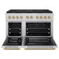 ZLINE Autograph Edition 48 in. 6.7 cu. ft. Paramount Dual Fuel Range with 8 Burner DuoPro™ Cooktop and Dual Ovens in Stainless Steel with Champagne Bronze Helix Handles and Accents (PSDRZ-48-KCB) front, oven open.