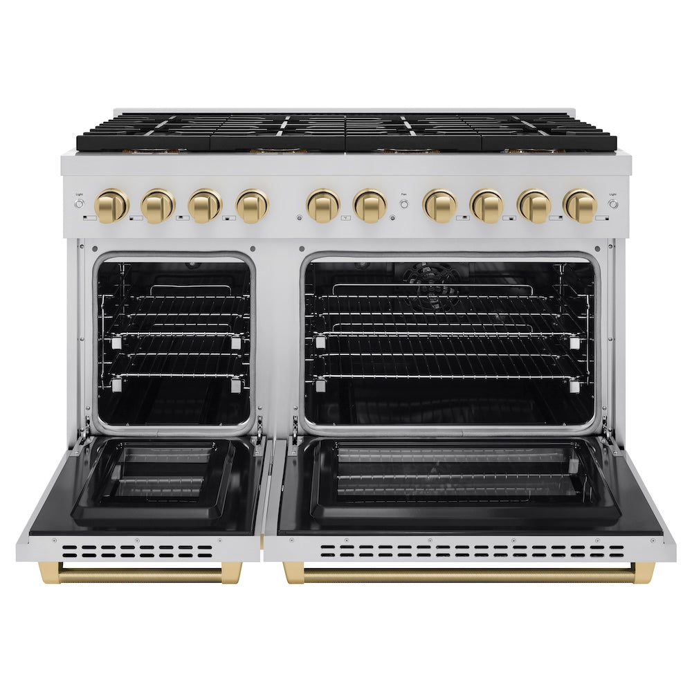 ZLINE Autograph Edition 48 in. 6.7 cu. ft. Paramount Dual Fuel Range with 8 Burner DuoPro™ Cooktop and Dual Ovens in Stainless Steel with Champagne Bronze Helix Handles and Accents (PSDRZ-48-KCB) front, oven open.