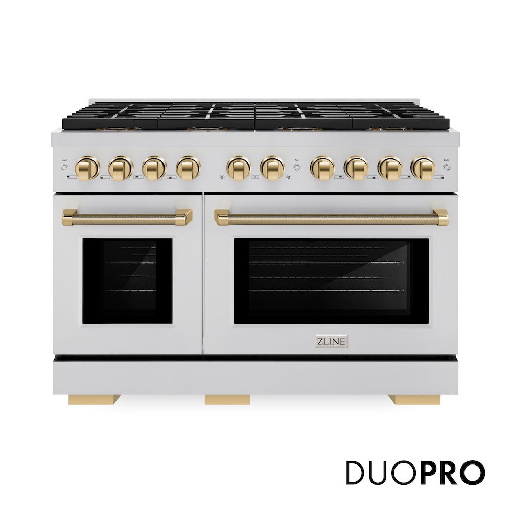 ZLINE Autograph Edition 48 in. 6.7 cu. ft. Paramount Dual Fuel Range with 8 Burner DuoPro™ Cooktop and Dual Ovens in Stainless Steel with Polished Gold Helix Handles and Accents (PSDRZ-48-KG) main image.