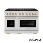 ZLINE Autograph Edition 48 in. 6.7 cu. ft. Paramount Dual Fuel Range with 8 Burner DuoPro™ Cooktop and Dual Ovens in Stainless Steel with Polished Gold Helix Handles and Accents (PSDRZ-48-KG) front, with DuoPro™ logo.