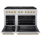 ZLINE Autograph Edition 48 in. 6.7 cu. ft. Paramount Dual Fuel Range with 8 Burner DuoPro™ Cooktop and Dual Ovens in Stainless Steel with Polished Gold Helix Handles and Accents (PSDRZ-48-KG) front, oven open.