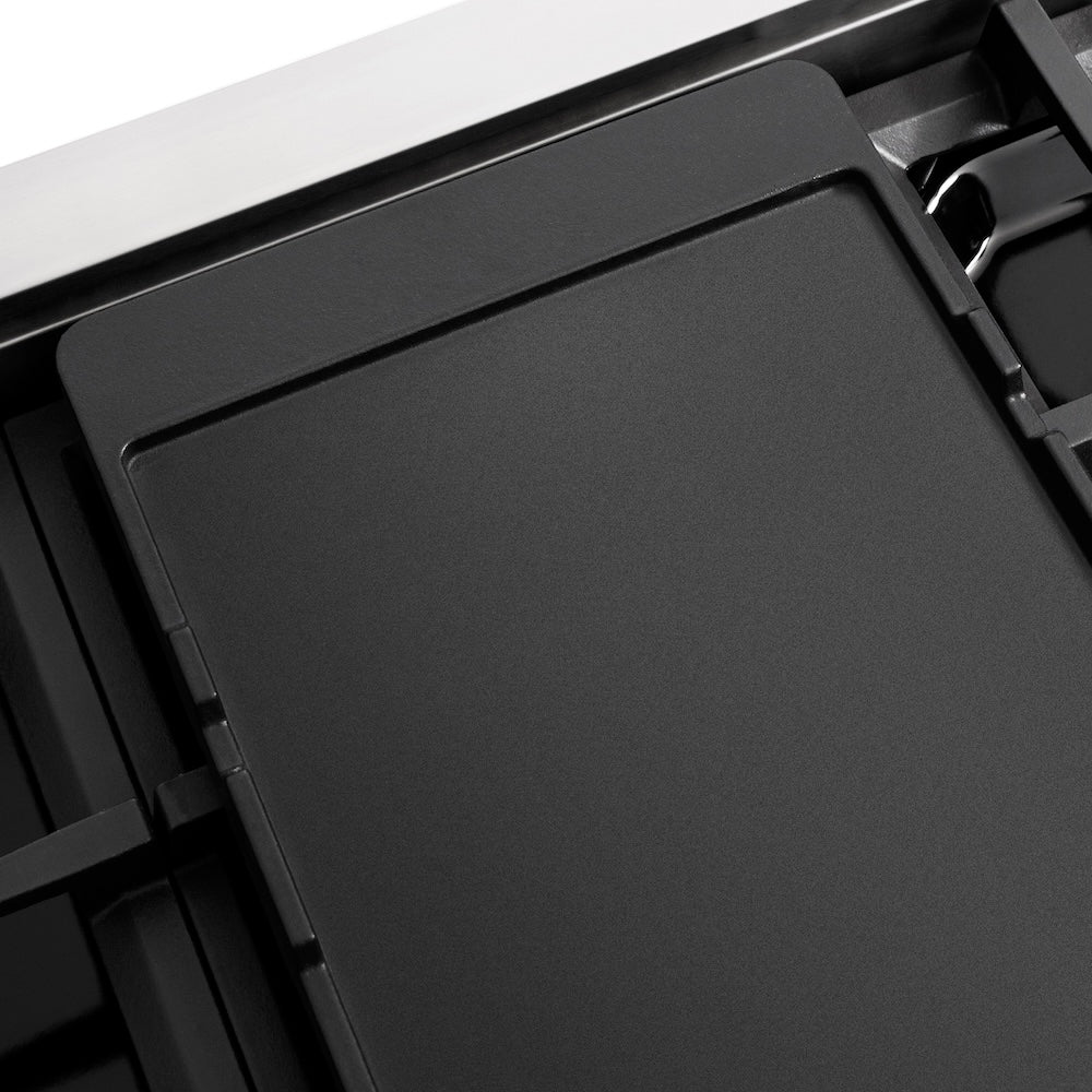 ZLINE Autograph Edition 48 in. 6.7 cu. ft. Paramount Dual Fuel Range with 8 Burner DuoPro™ Cooktop and Dual Ovens in Stainless Steel with Polished Gold Helix Handles and Accents (PSDRZ-48-KG) reversible griddle flat side.