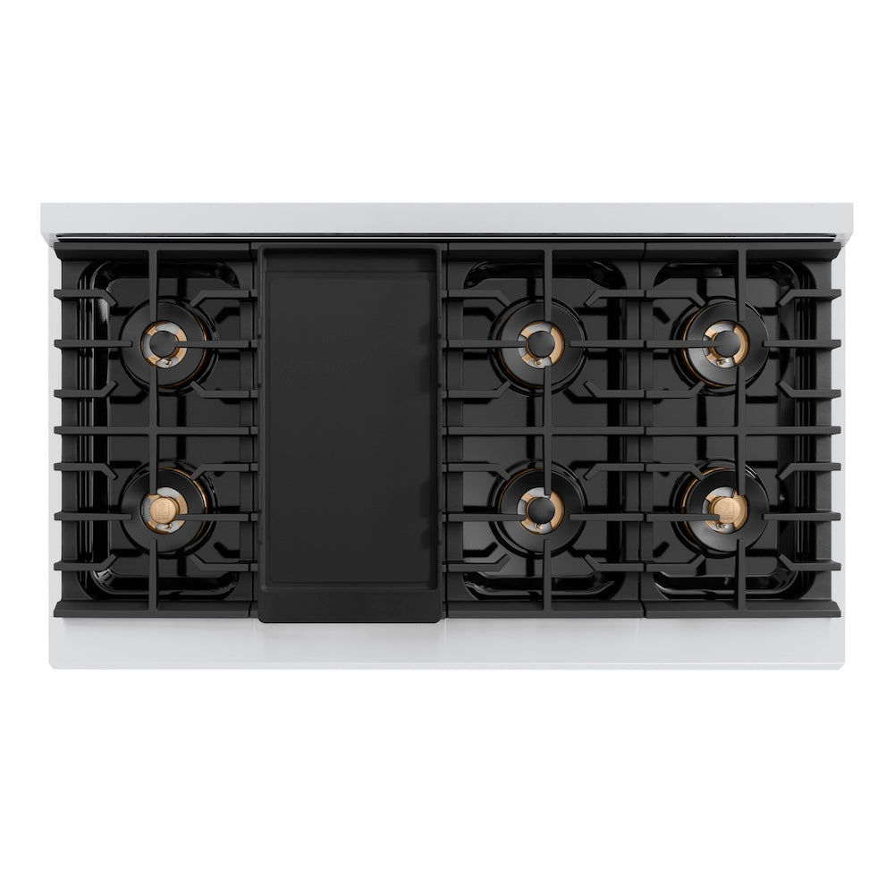 ZLINE Autograph Edition 48 in. 6.7 cu. ft. Paramount Dual Fuel Range with 8 Burner DuoPro™ Cooktop and Dual Ovens in Stainless Steel with Polished Gold Helix Handles and Accents (PSDRZ-48-KG) top-down, above cooktop.