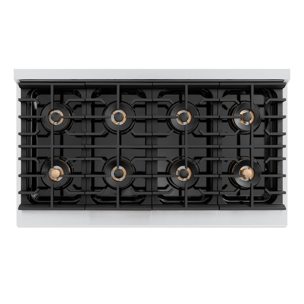 ZLINE Autograph Edition 48 in. 6.7 cu. ft. Paramount Dual Fuel Range with 8 Burner DuoPro™ Cooktop and Dual Ovens in Stainless Steel with Polished Gold Helix Handles and Accents (PSDRZ-48-KG) top-down, above cooktop.