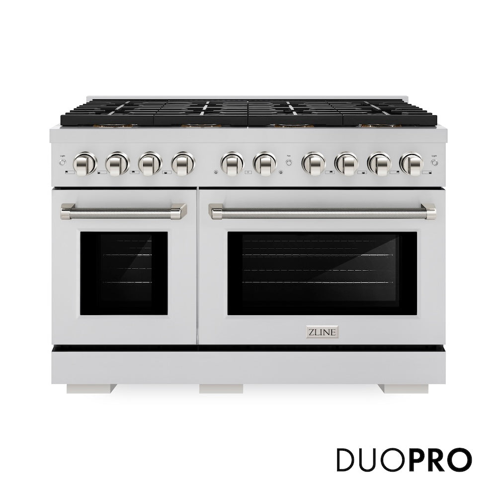 ZLINE Autograph Edition 48 in. 6.7 cu. ft. Paramount Dual Fuel Range with 8 Burner DuoPro™ Cooktop and Dual Ovens in Stainless Steel with Polished Nickel Helix Handles and Accents (PSDRZ-48-KPN) front, with DuoPro™ logo.