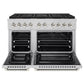 ZLINE Autograph Edition 48 in. 6.7 cu. ft. Paramount Dual Fuel Range with 8 Burner DuoPro™ Cooktop and Dual Ovens in Stainless Steel with Polished Nickel Helix Handles and Accents (PSDRZ-48-KPN) front, oven open.