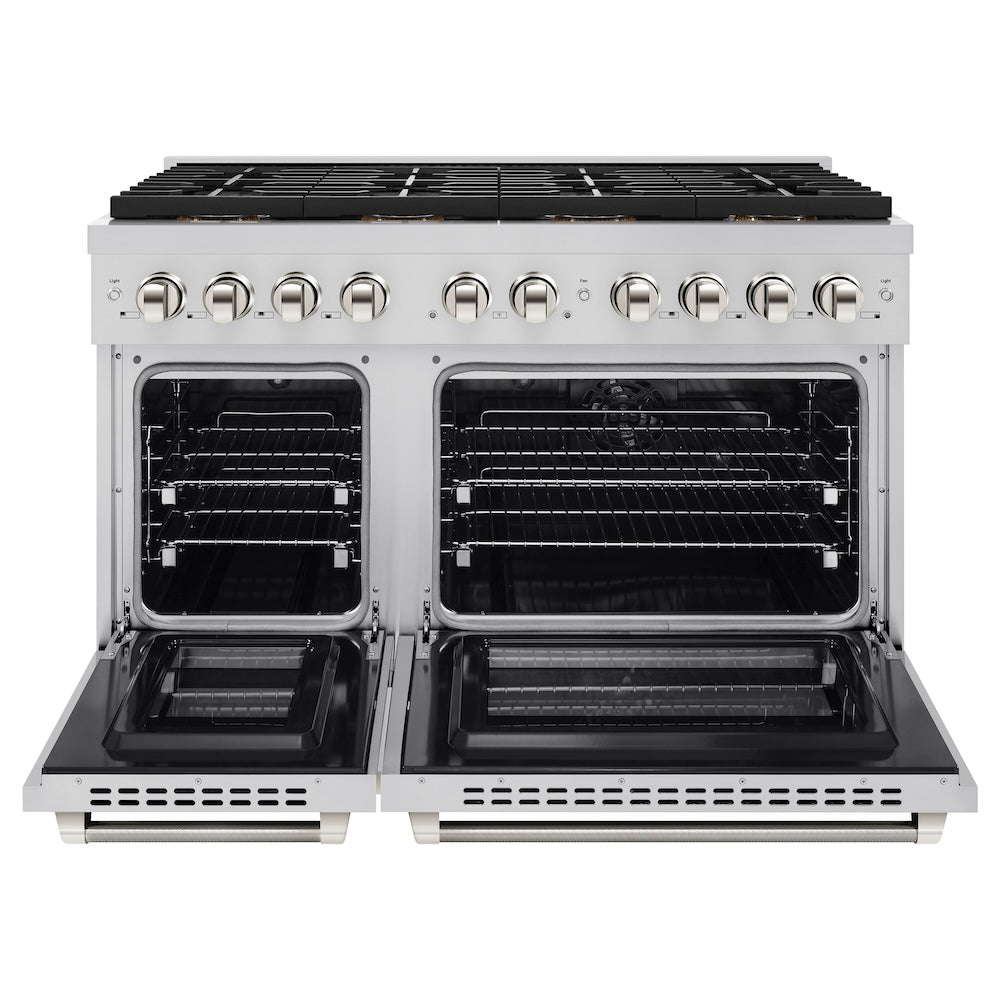 ZLINE Autograph Edition 48 in. 6.7 cu. ft. Paramount Dual Fuel Range with 8 Burner DuoPro™ Cooktop and Dual Ovens in Stainless Steel with Polished Nickel Helix Handles and Accents (PSDRZ-48-KPN) front, oven open.