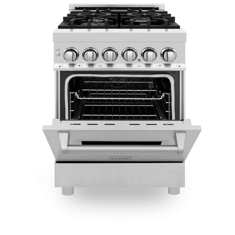 ZLINE 24 in. 2.8 cu. ft. Dual Fuel Range with Gas Stove and Electric Oven in Fingerprint Resistant Stainless Steel (RA-SN-24) front, oven half open.
