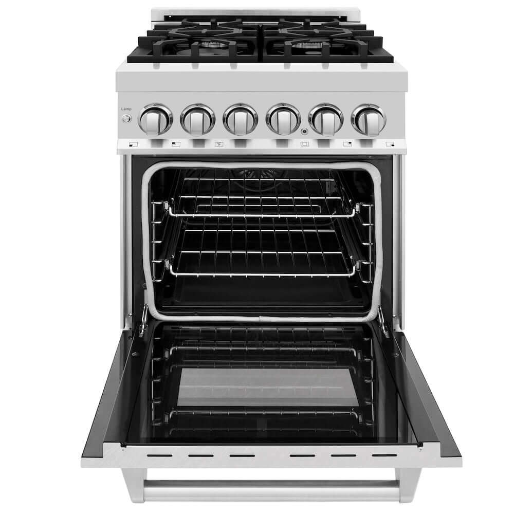 ZLINE 24 in. 2.8 cu. ft. Dual Fuel Range with Gas Stove and Electric Oven in Fingerprint Resistant Stainless Steel (RA-SN-24) front, oven open.