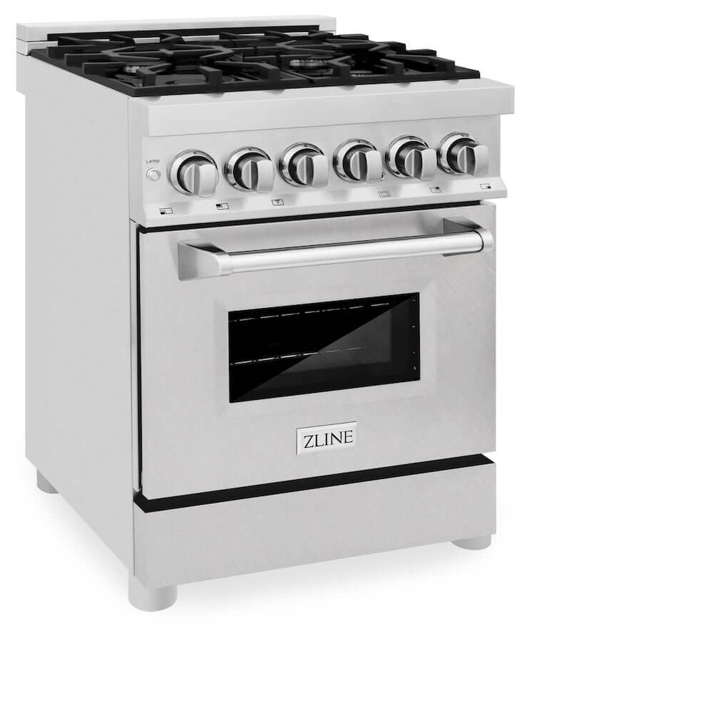 ZLINE 24 in. 2.8 cu. ft. Dual Fuel Range with Gas Stove and Electric Oven in Fingerprint Resistant Stainless Steel (RA-SN-24) side, oven closed.