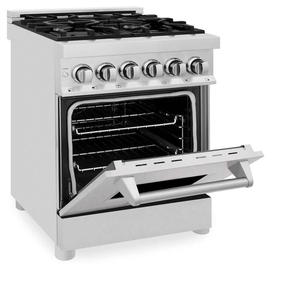ZLINE 24 in. 2.8 cu. ft. Dual Fuel Range with Gas Stove and Electric Oven in Fingerprint Resistant Stainless Steel (RA-SN-24) side, oven half open.