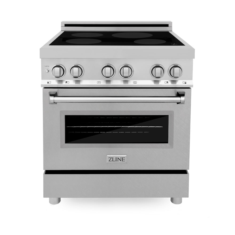 ZLINE 30 in. 4.0 cu. ft. Induction Range with a 4 Element Stove and Electric Oven in Fingerprint Resistant Stainless Steel (RAINDS-SN-30) front, oven closed.