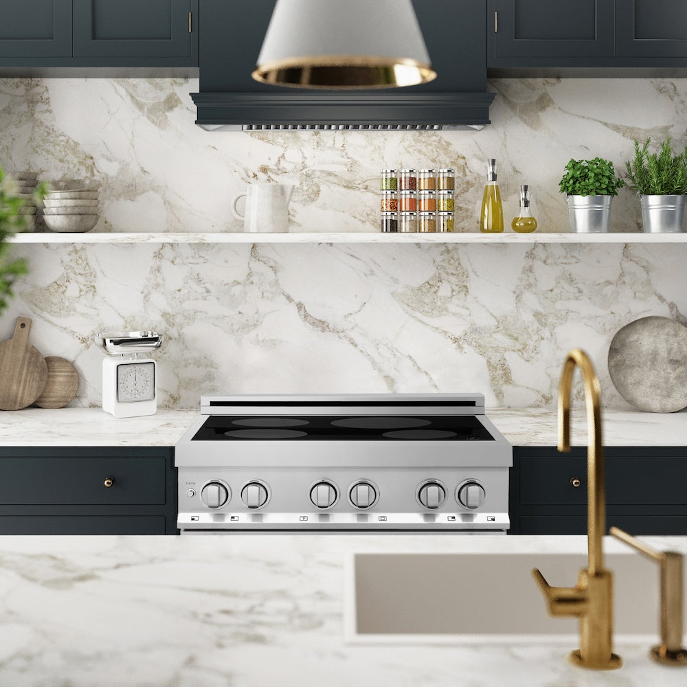 ZLINE 30 in. 4.0 cu. ft. Induction Range with a 4 Element Stove and Electric Oven in Fingerprint Resistant Stainless Steel (RAINDS-SN-30) in a luxury kitchen from across kitchen counter.