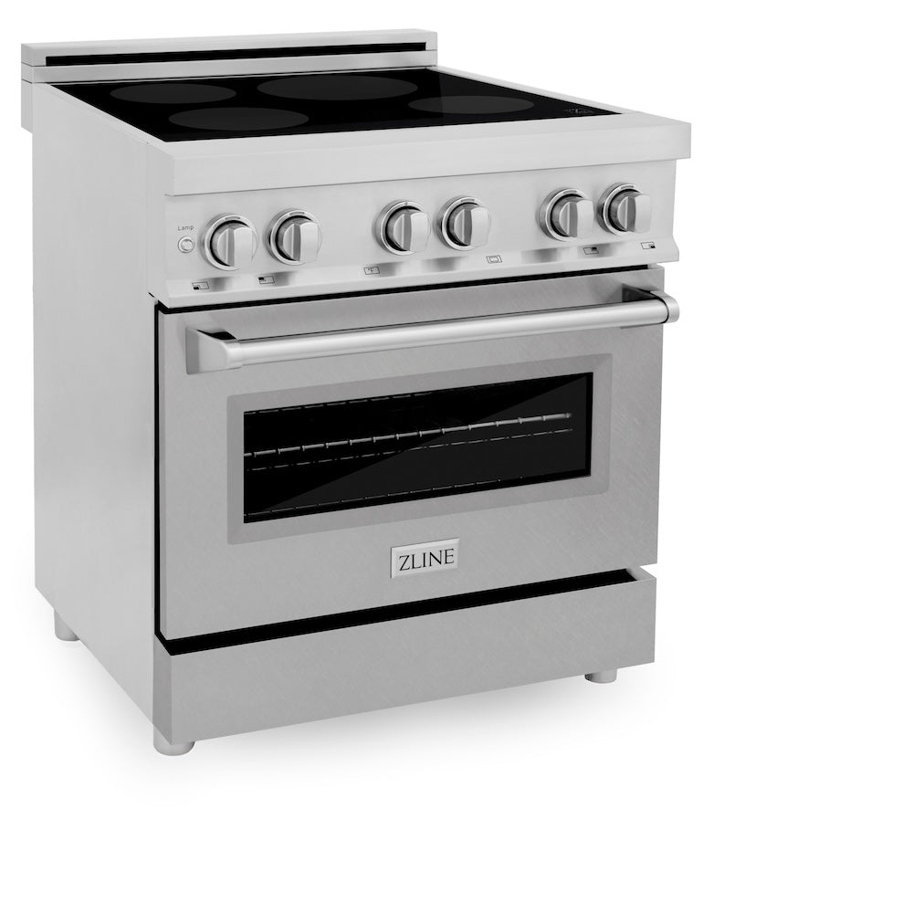 ZLINE 30 in. 4.0 cu. ft. Induction Range with a 4 Element Stove and Electric Oven in Fingerprint Resistant Stainless Steel (RAINDS-SN-30) side, oven closed.
