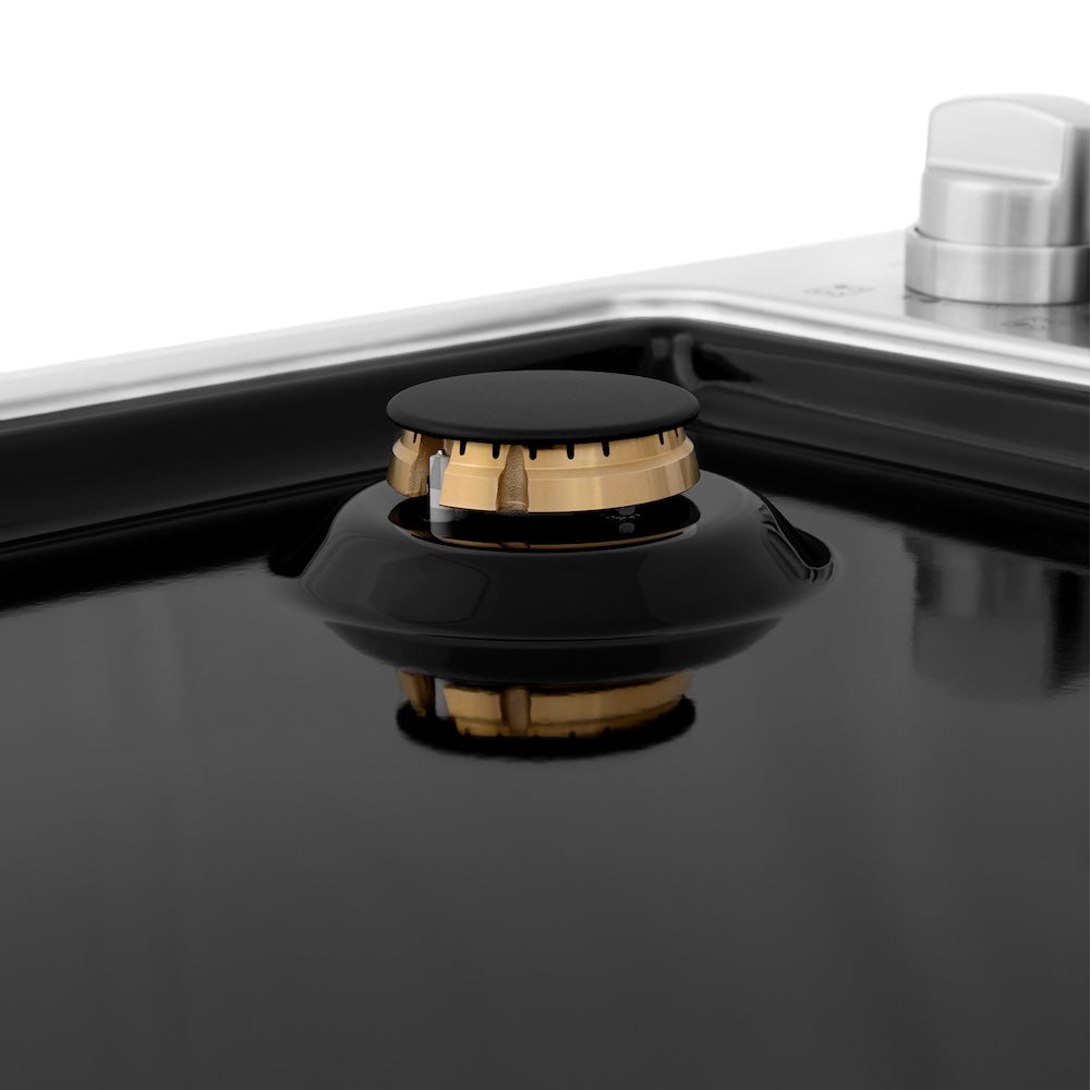 ZLINE 30 in. Gas Cooktop with 4 Gas Brass Burners and Black Porcelain Top (RC-BR-30-PBT) close-up, burners.