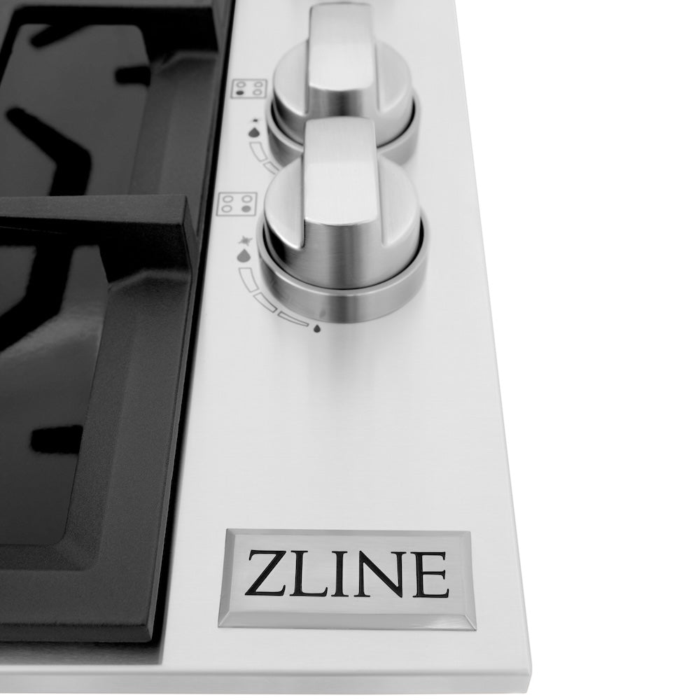 ZLINE 30 in. Gas Cooktop with 4 Gas Brass Burners and Black Porcelain Top (RC-BR-30-PBT) close-up, knobs.