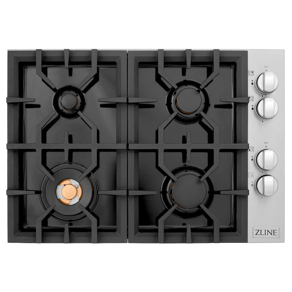 ZLINE 30 in. Gas Cooktop with 4 Gas Brass Burners and Black Porcelain Top (RC-BR-30-PBT) from above, showing cooking surface.