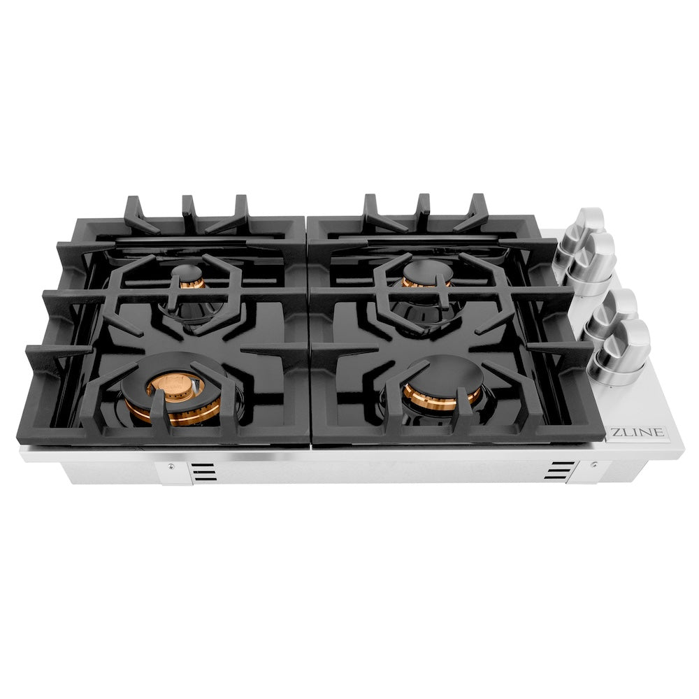 ZLINE 30 in. Gas Cooktop with 4 Gas Brass Burners and Black Porcelain Top (RC-BR-30-PBT) front, top.