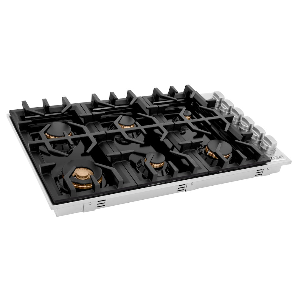 ZLINE 36 in. Gas Cooktop with 6 Gas Brass Burners and Black Porcelain Top (RC-BR-36-PBT) side, main.