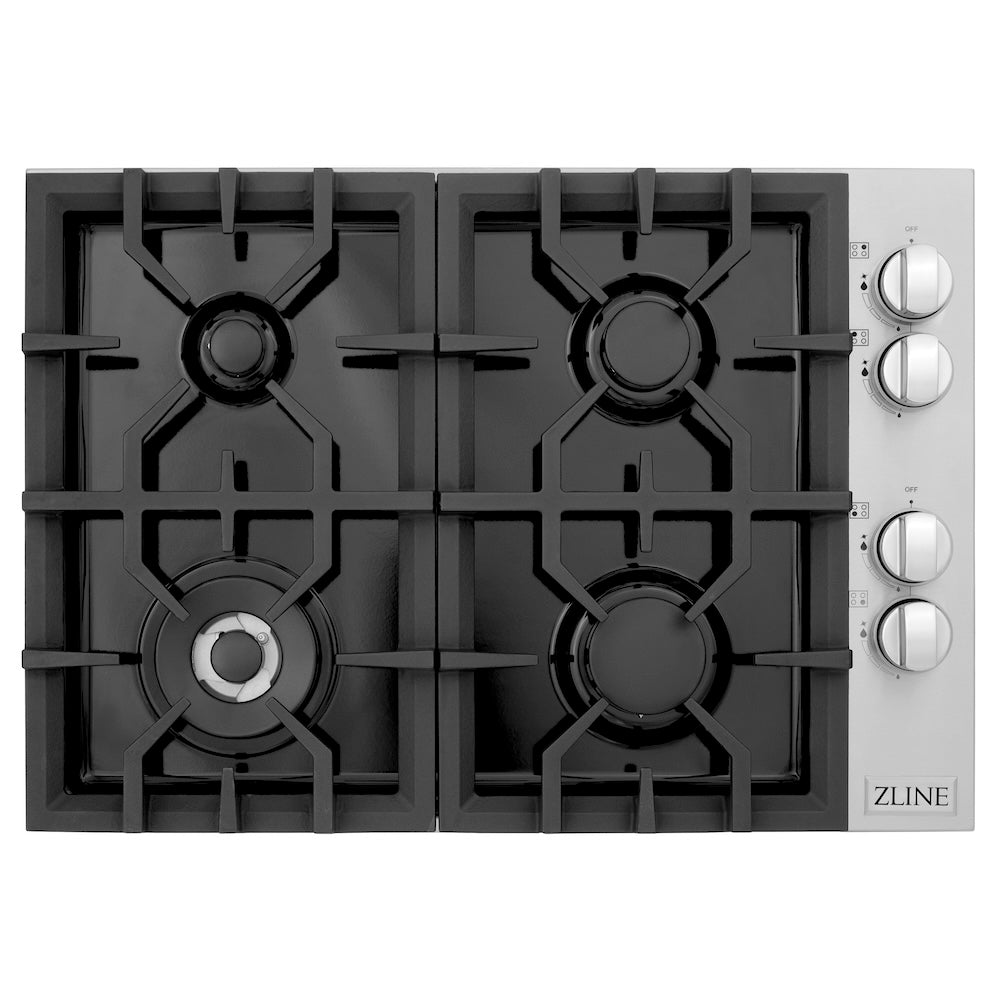 ZLINE 30 in. Gas Cooktop with 4 Gas Burners and Black Porcelain Top (RC30-PBT) from above, showing cooking surface.