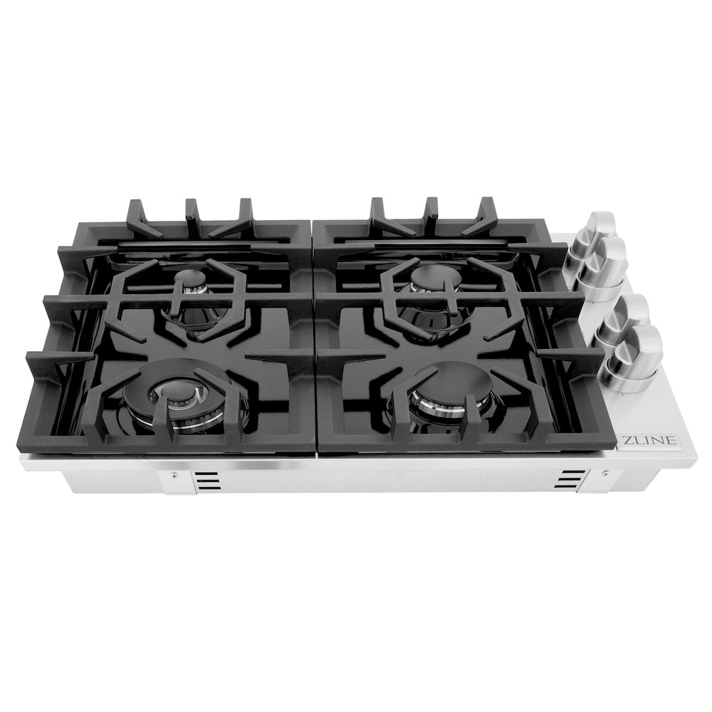ZLINE 30 in. Gas Cooktop with 4 Gas Burners and Black Porcelain Top (RC30-PBT) front, top.