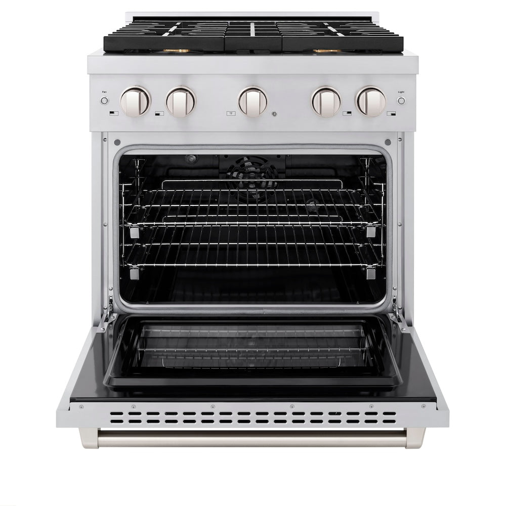 ZLINE 30 in. 4.2 cu. ft. Paramount Dual Fuel Range with Gas Cooktop and Electric Convection Oven in Stainless Steel with 4 Brass Burners (SDR-BR-30) front, oven open.