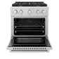 ZLINE 30 in. 4.2 cu. ft. Paramount Dual Fuel Range with Gas Cooktop and Electric Convection Oven in Stainless Steel with 4 Brass Burners (SDR-BR-30) front, oven open.