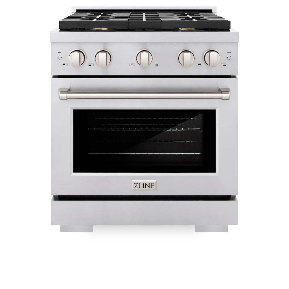 ZLINE 30 in. 4.2 cu. ft. Paramount Dual Fuel Range with Gas Cooktop and Electric Convection Oven in Stainless Steel with 4 Brass Burners (SDR-BR-30) front, oven closed.