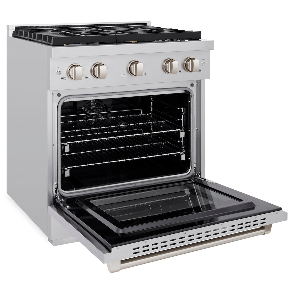 ZLINE 30 in. 4.2 cu. ft. Paramount Dual Fuel Range with Gas Cooktop and Electric Convection Oven in Stainless Steel with 4 Brass Burners (SDR-BR-30) side, open.