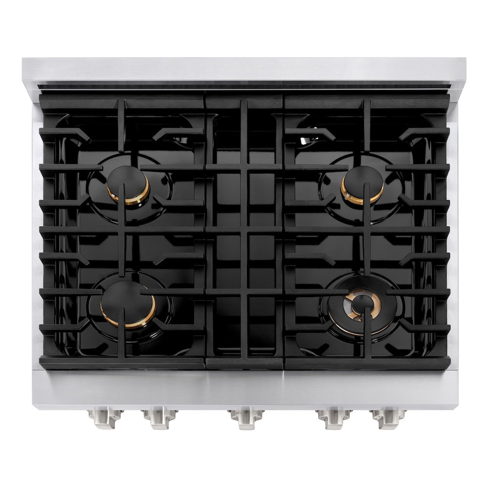 ZLINE 30 in. 4.2 cu. ft. Paramount Dual Fuel Range with Gas Cooktop and Electric Convection Oven in Stainless Steel with 4 Brass Burners (SDR-BR-30) top-down, above cooktop.