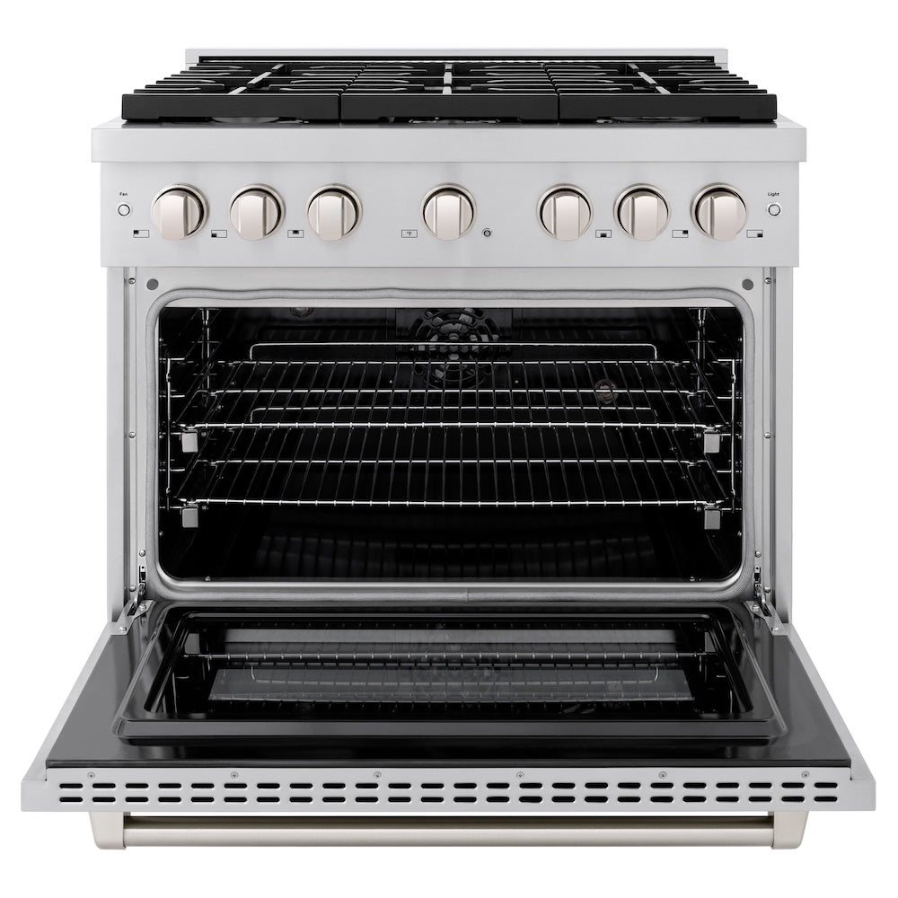 ZLINE 36 in. 5.2 cu. ft. Paramount Dual Fuel Range with Gas Cooktop and Electric Convection Oven in Stainless Steel with 6 Brass Burners (SDR-BR-36) front, oven open.