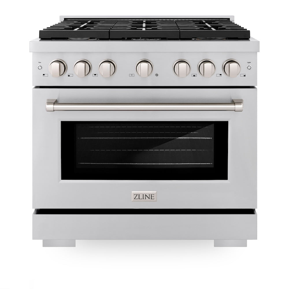 ZLINE 36 in. 5.2 cu. ft. Paramount Dual Fuel Range with Gas Cooktop and Electric Convection Oven in Stainless Steel with 6 Brass Burners (SDR-BR-36) front, oven closed.