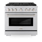 ZLINE 36 in. 5.2 cu. ft. Paramount Dual Fuel Range with Gas Cooktop and Electric Convection Oven in Stainless Steel with 6 Brass Burners (SDR-BR-36) front, oven closed.