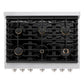 ZLINE 36 in. 5.2 cu. ft. Paramount Dual Fuel Range with Gas Cooktop and Electric Convection Oven in Stainless Steel with 6 Brass Burners (SDR-BR-36) top-down, above cooktop.