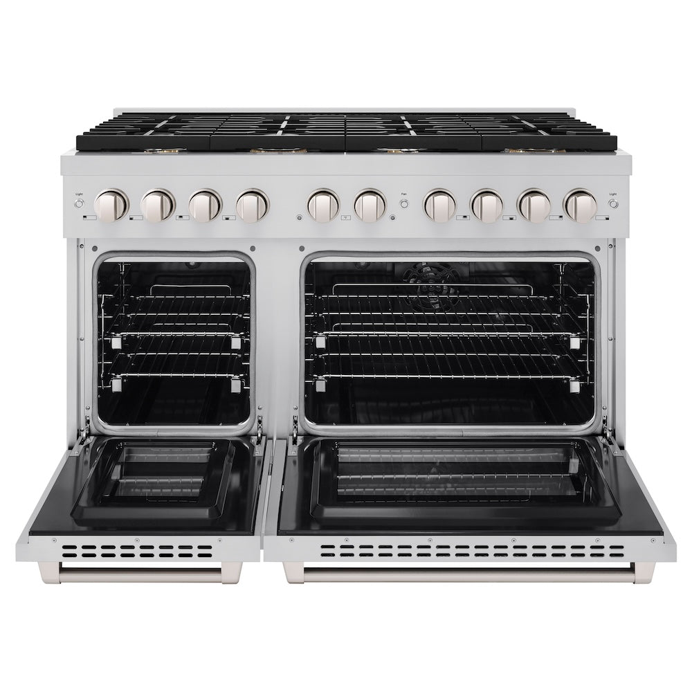 ZLINE 48 in. 6.7 cu. ft. Paramount Double Oven Dual Fuel Range in Stainless Steel with 8 Brass Burners (SDR-BR-48) front, oven open.