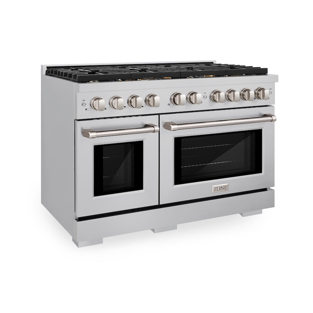 ZLINE 48 in. 6.7 cu. ft. Paramount Double Oven Dual Fuel Range in Stainless Steel with 8 Brass Burners (SDR-BR-48) side, oven closed.