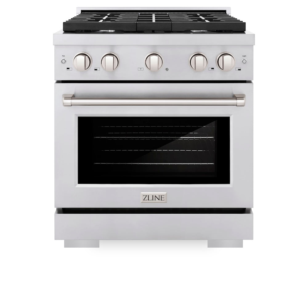 ZLINE 30 in. 4.2 cu. ft. Paramount Dual Fuel Range with 4 Burner Gas Cooktop and Electric Convection Oven in Stainless Steel (SDR30) front, oven closed.