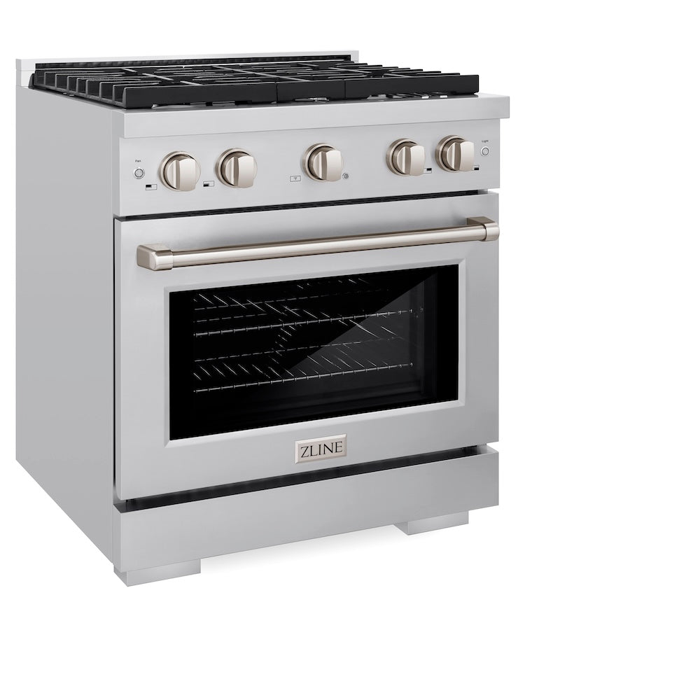 ZLINE 30 in. 4.2 cu. ft. Paramount Dual Fuel Range with 4 Burner Gas Cooktop and Electric Convection Oven in Stainless Steel (SDR30) side, oven closed.