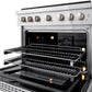 ZLINE 36 in. 5.2 cu. ft. Paramount Dual Fuel Range with 6 Burner Gas Cooktop and Electric Convection Oven in Stainless Steel (SDR36) front, oven open with racks extended and lighting activated.